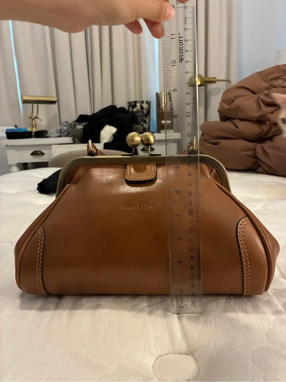 Structured Tan Leather Kiss-Lock Wristlet Clutch
